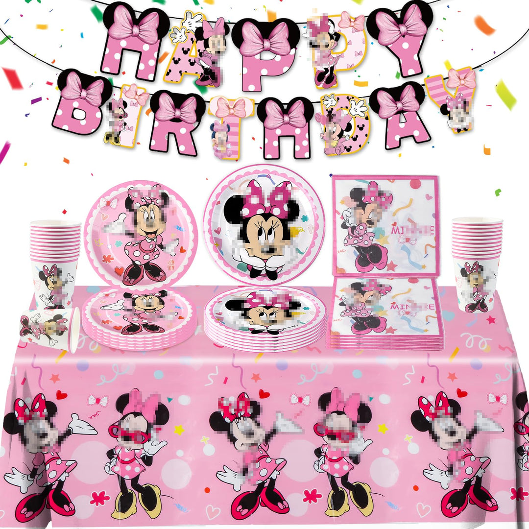 Pappteller Kindergeburtstag Geschirr Party Deko Mädchen-52PCS Rosa Mini Mouse Pappteller Tischdecke