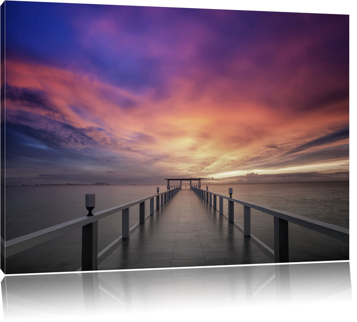 Pixxprint Endloser Steg ins Meer im Sonnenuntergang Schwarz/Weiss, Format: 100x70 auf Leinwand, 100x