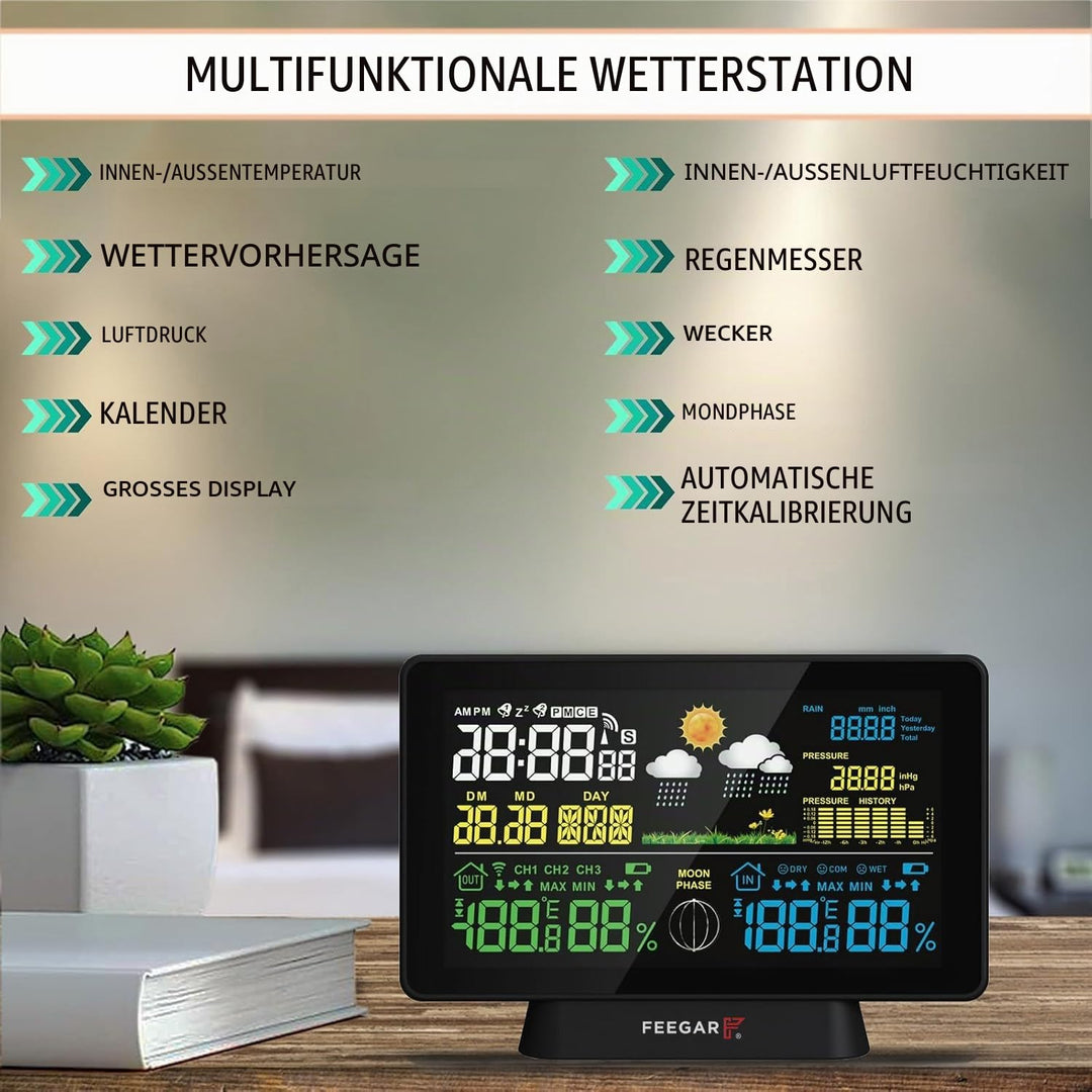 Wireless Weather Station with Digital Rain Gauge, Feegar Forecaster LCD 7,5" Indoor Outdoor Temperat