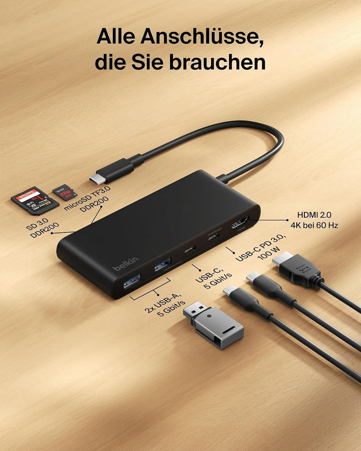 Belkin USB C Hub, 7-in-1 Docking Station, 4K bei 60 Hz, SD, MicroSD, 100 W Power Delivery, 5 Gbit/s