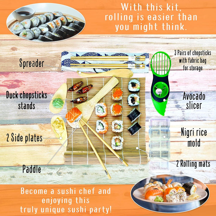 Sushi Set 14-teilig - Bambus Sushi Maker Kit Rollmatte für Anfänger - 2 Matten, 3 Paar Essstäbchen m