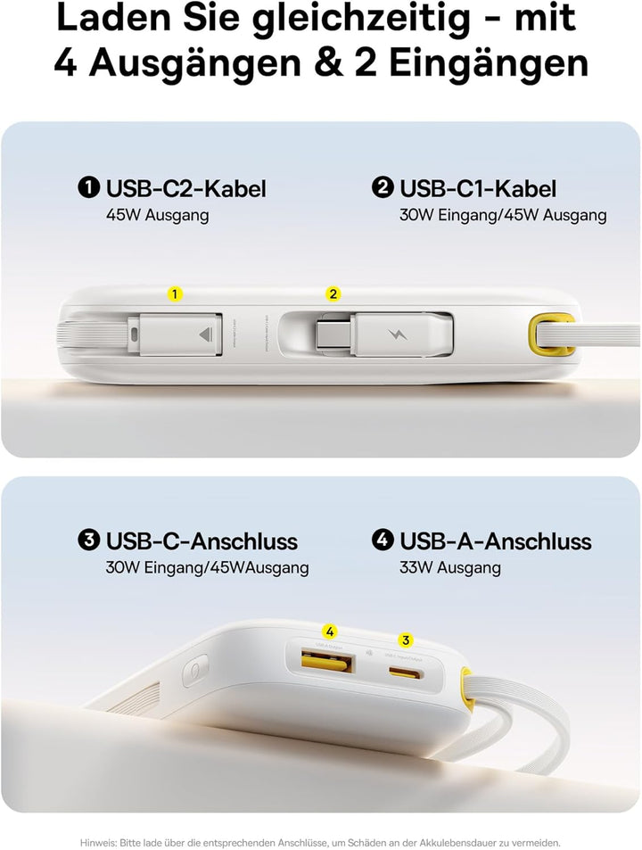 Baseus QPow3 Powerbank 45W 20000mAh mit 2 integriertem USB-C Kabel, Power Bank PD3.0 QC4.0, 3 3 C 1