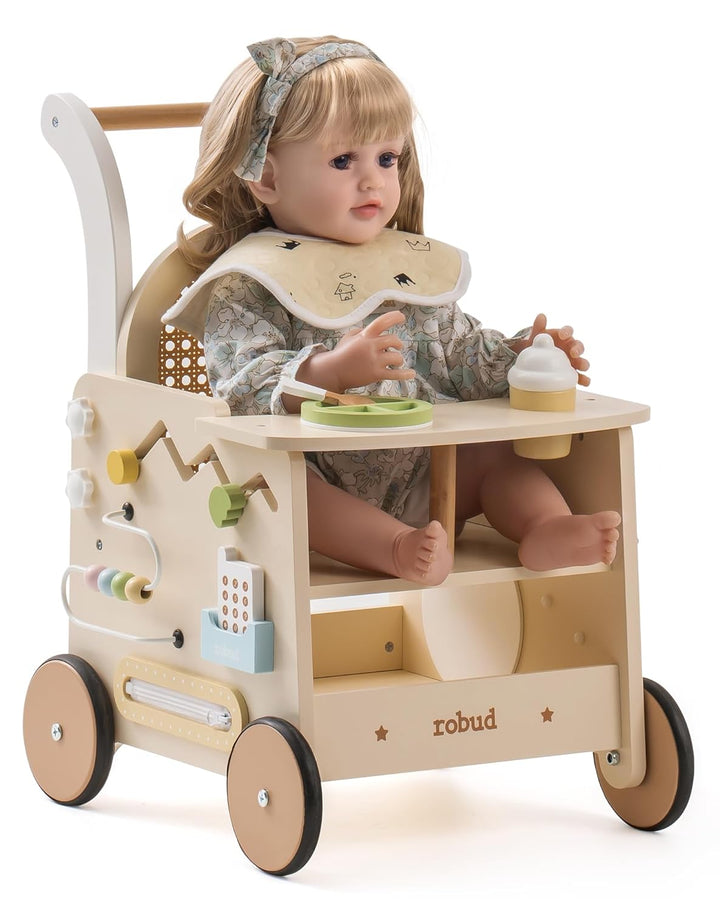 ROBUD Holz lauflernhilfe Baby Walker, 2-In-1 Puppe Lauflernwagen mit Montessori Busy Activity Board