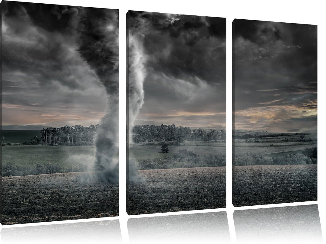 Pixxprint Schwarzer Tornado auf dem Feld als Leinwandbild/Grösse: 3 Teilig (120x80) cm/Wandbild/Kuns