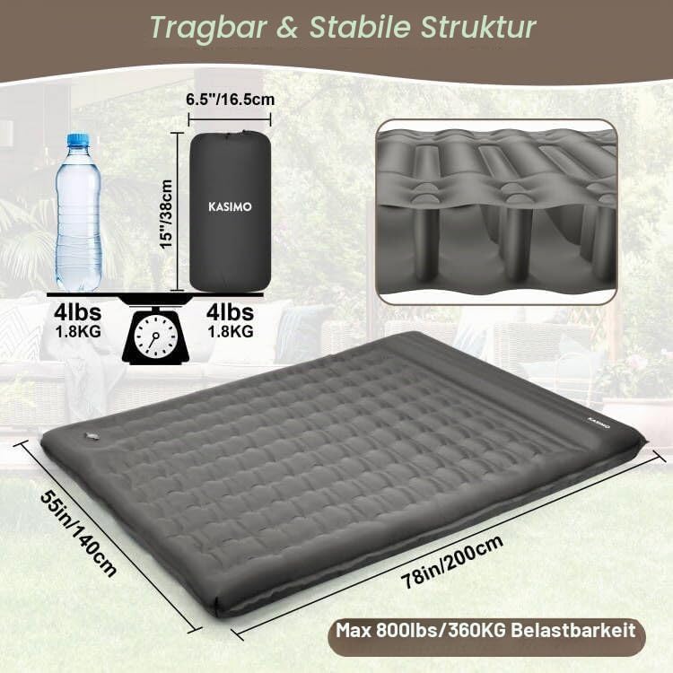 KASIMO Isomatte 12CM Luftmatratze Camping mit integrierten kopfkissen, Aufblasbare Matratze mit Fuss