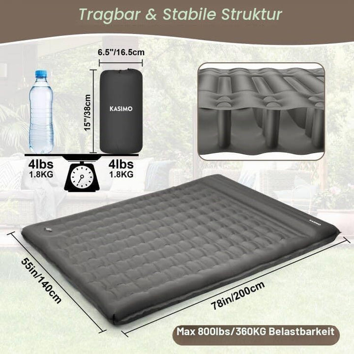 KASIMO Isomatte 12CM Luftmatratze Camping mit integrierten kopfkissen, Aufblasbare Matratze mit Fuss