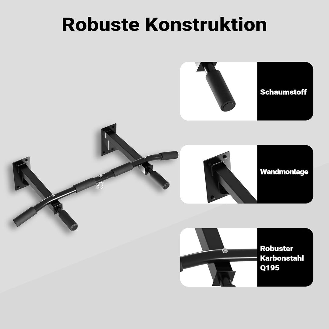 Klimmzugstange zur Wandmontage bis 200 kg, Klimmzug Stange aus Stahl mit gepolsterten Griffen, Fitne