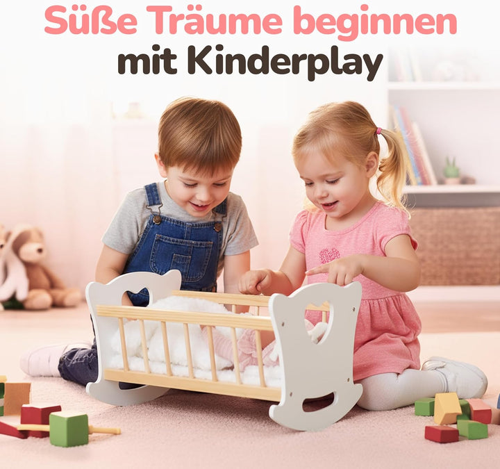 Kinderplay Puppenwiege Holz mit Bettwäsche – Puppenbett Schaukelbett für Puppen bis 49,5 cm – Holzsp