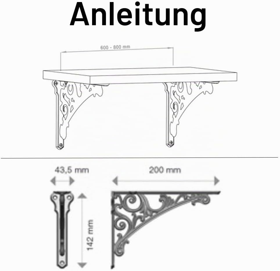 Regalhalterungen aus Gusseisen, gross, 19 x 14 cm, 2 Stück messing antik-optik 8 Inch Antik-optik, 2