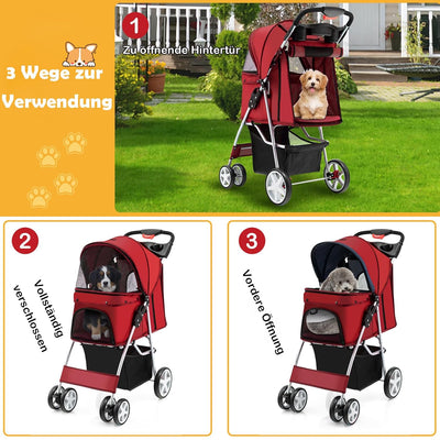 COSTWAY Hundewagen Haustiere Buggy bis 15kg, Hundebuggy mit Netzfenstern & Getränkehalter & Anhänger