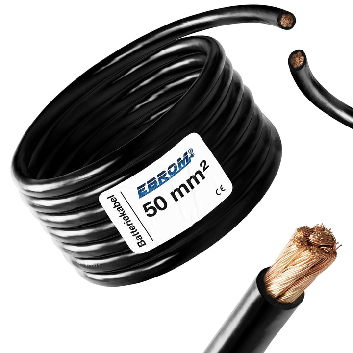 EBROM - 2 Meter Batteriekabel SCHWARZ 50 mm² Batterie Kabel - Vollkupfer | Batterie Kabel - MASSE Ka