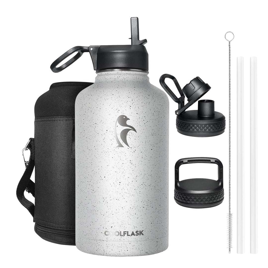 Coolflask Isolierte Wasserflasche 2L, Halbe Gallone Wasserkrug mit Strohhalm & 3 Deckeln, Grosse Iso