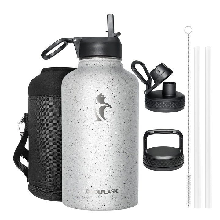 Coolflask Isolierte Wasserflasche 2L, Halbe Gallone Wasserkrug mit Strohhalm & 3 Deckeln, Grosse Iso