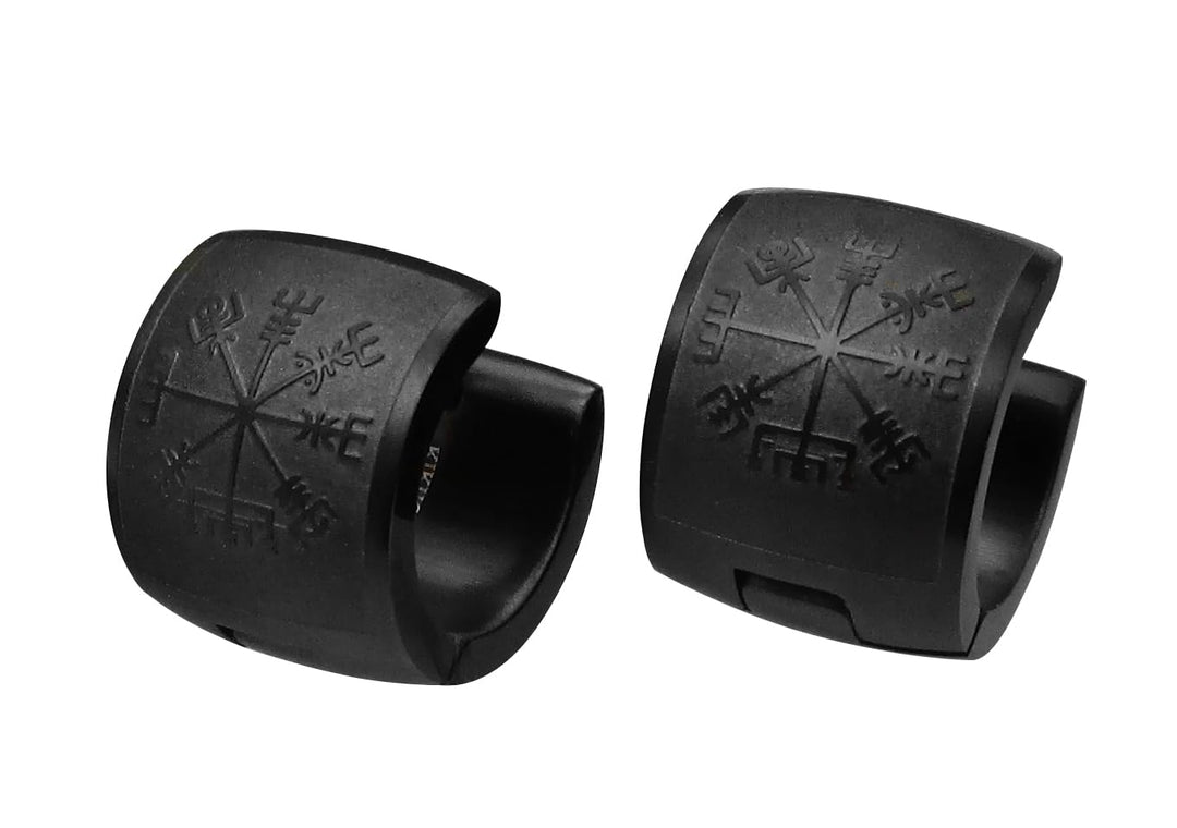 Kikuchi Klapp Creolen Titan Stäbchen Edelstahl Ohrringe 10mm Breit Schwarz Matt Reliefarbeit Vegvísi