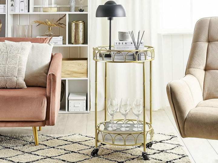 Servierwagen gold rund Metall mit Rollen Marmor Optik Glamour Stil Shafter