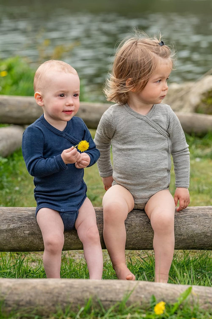 Baby Wickelbody Langarm Wolle & Seide, Engel Natur, Gr. 50/56-74/80 74-80 Hellgrau Melange, 74-80 He