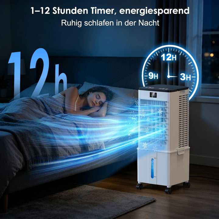 Klimaanlage Mobil 10L ohne Abluftschlauch, 60W Luftkühler 4-in-1 mit 12H Timer, 4 Modi, 120°Schwenkf