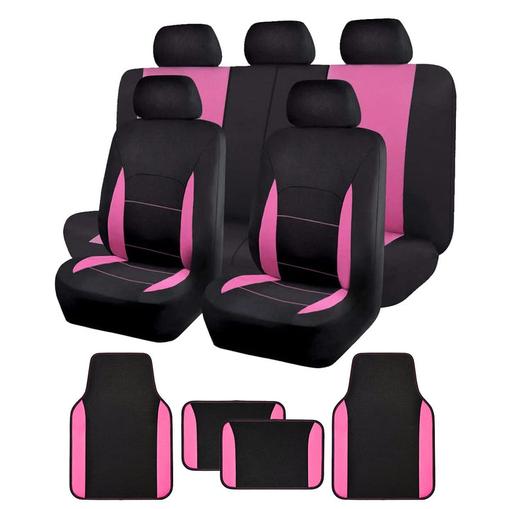 Flying Banner Universal Sitzbezug Auto Komplettset mit rutschfesten Auto-Fussmatte (Combo Set, Rosa)