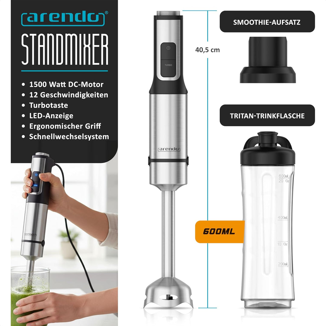 Arendo - mini Standmixer 1500 Watt + Stabmixer Edelstahl - mit Trinkflasche Deckel und Messereinheit