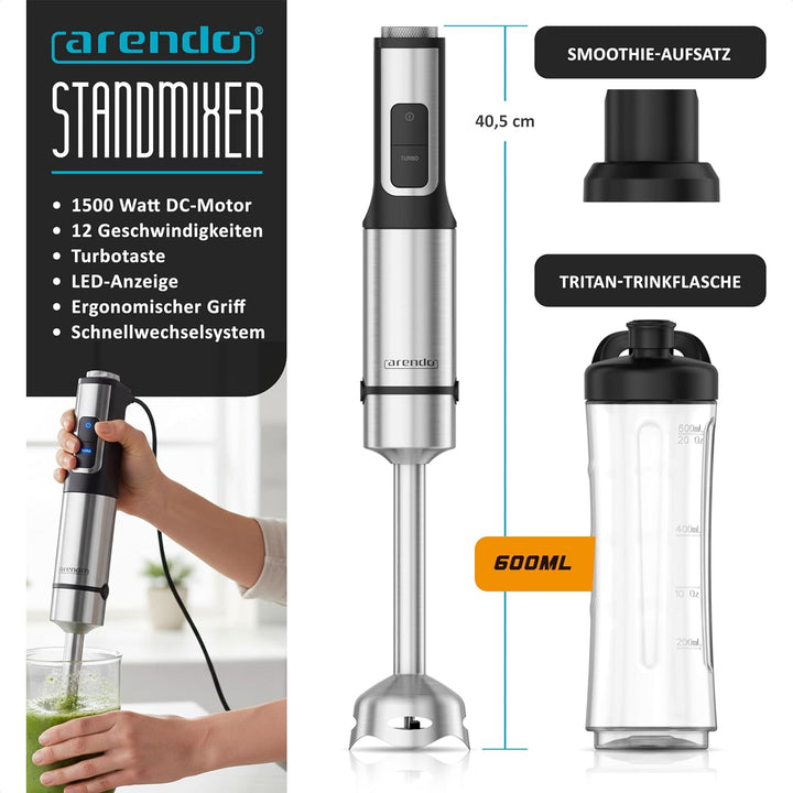 Arendo - mini Standmixer 1500 Watt + Stabmixer Edelstahl - mit Trinkflasche Deckel und Messereinheit