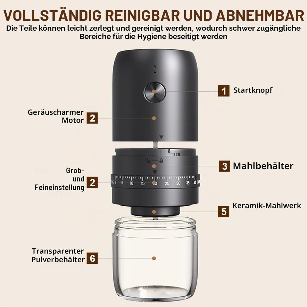 Elektrische Kaffeemühle, Tragbare Kaffeemühle mit 40 Mahleinstellungen, USB Wiederaufladbare Elektri