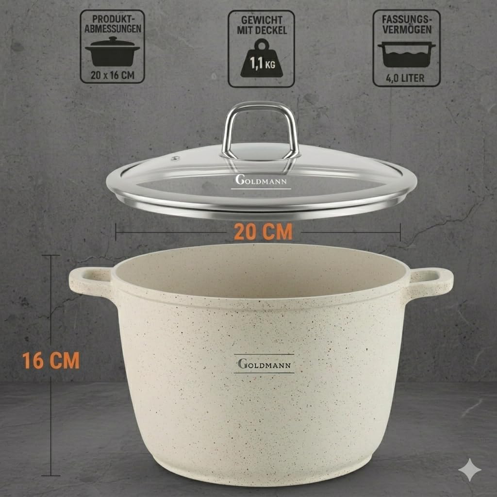 GOLDMANN 20 CM Aluguss Kochtopf 4L | Suppentopf Schmortopf induktionsgeeignet mit Keramik Antihaftbe