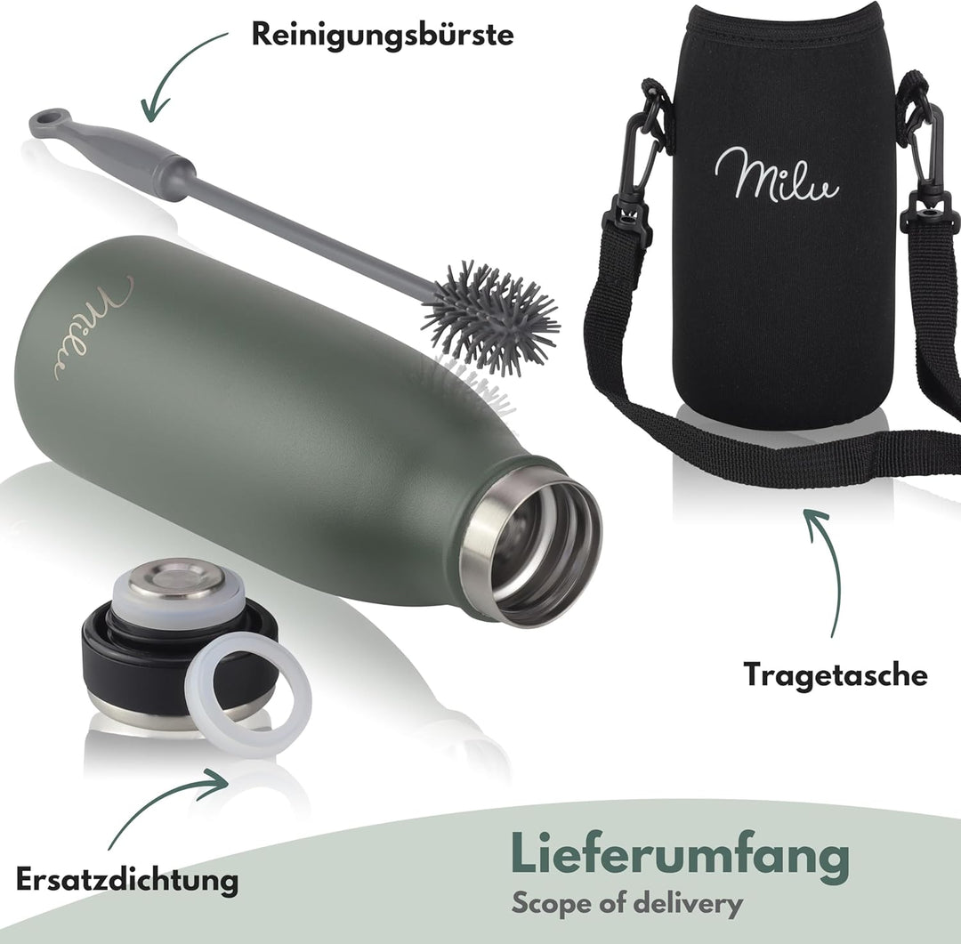 Milu Edelstahl Trinkflasche 350ml, 500ml, 750ml, 1L, 1,5L – Thermosflasche für Kinder Erwachsene aus