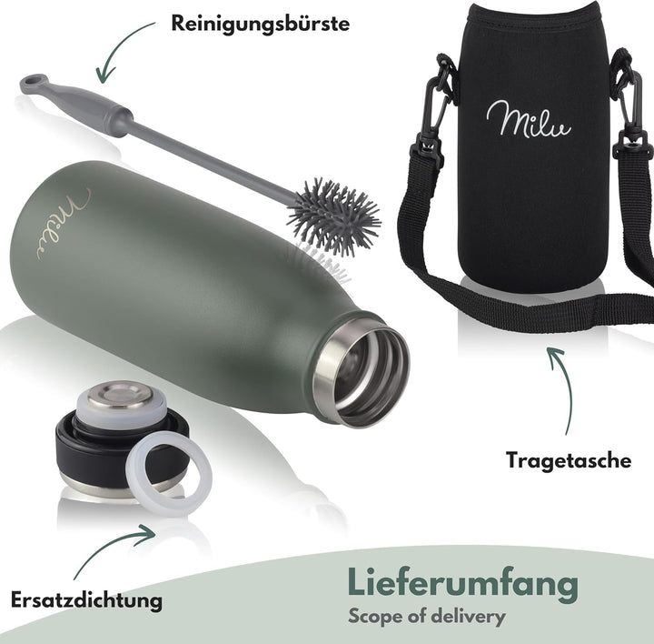 Milu Edelstahl Trinkflasche 350ml, 500ml, 750ml, 1L, 1,5L – Thermosflasche für Kinder Erwachsene aus