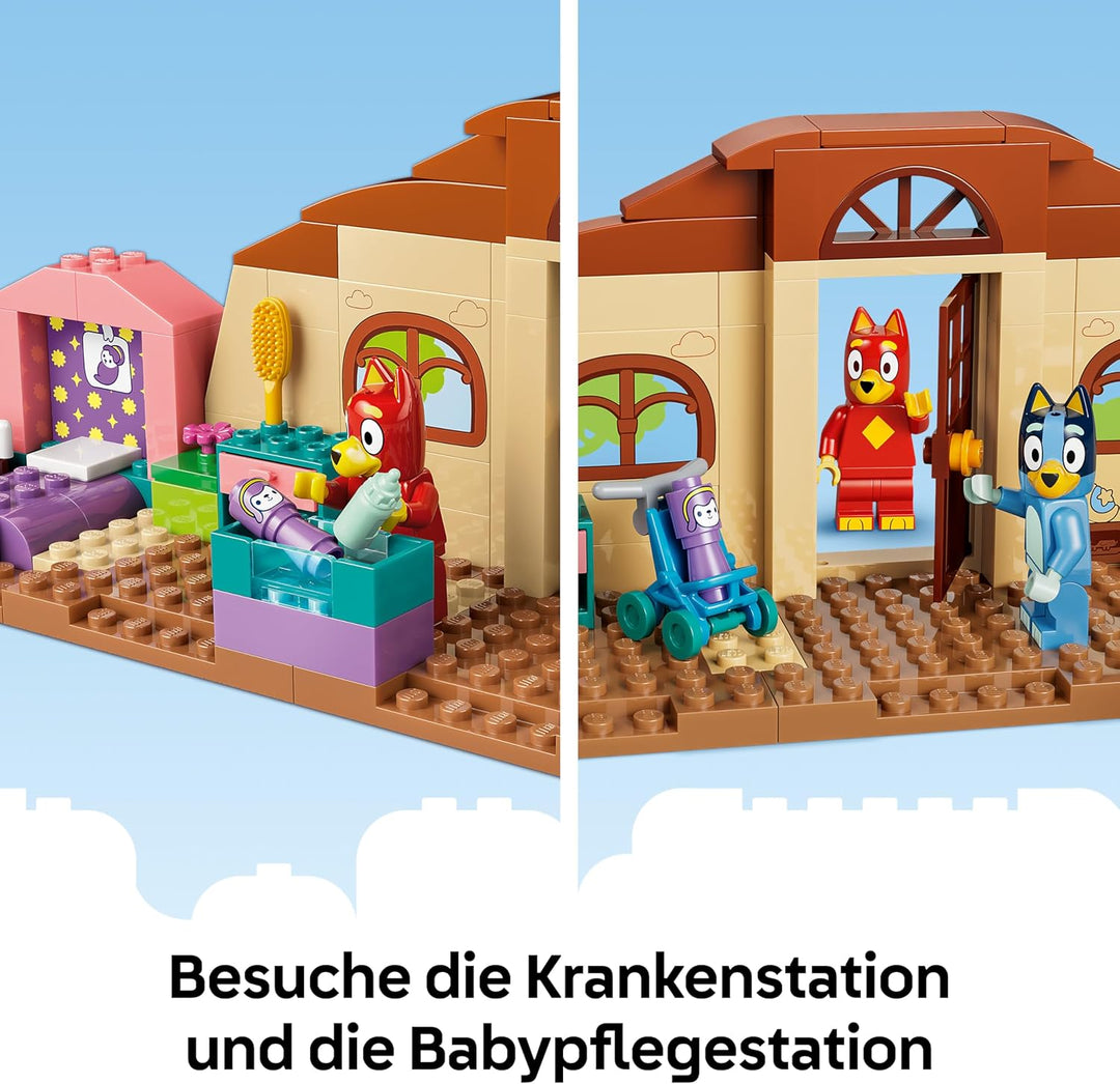 LEGO Bluey Schule mit Rusty und Bluey - Lernspielzeug mit Küche, Café, 2 Minifiguren & Spiellebensmi