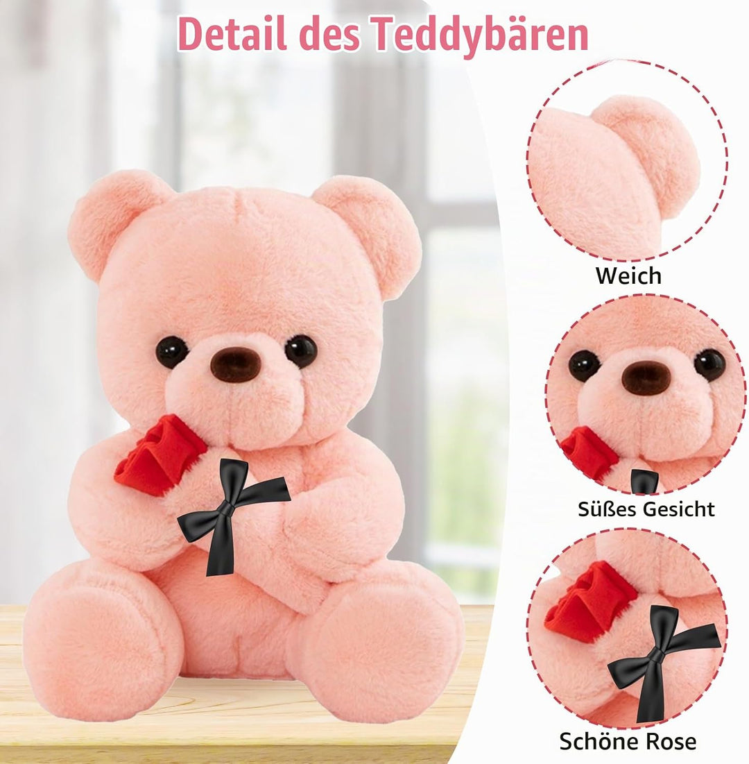 Teddybär mit Rose, Hochzeitstag Geschenke für Frauen, 25cm Rosa Plüschtier Süsse Kuscheltier Teddy m