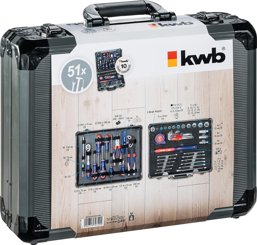 kwb Werkzeugkoffer aus robustem Aluminium inkl. 51-tlg. hochwertigem Werkzeug-Set als perfekte Grund