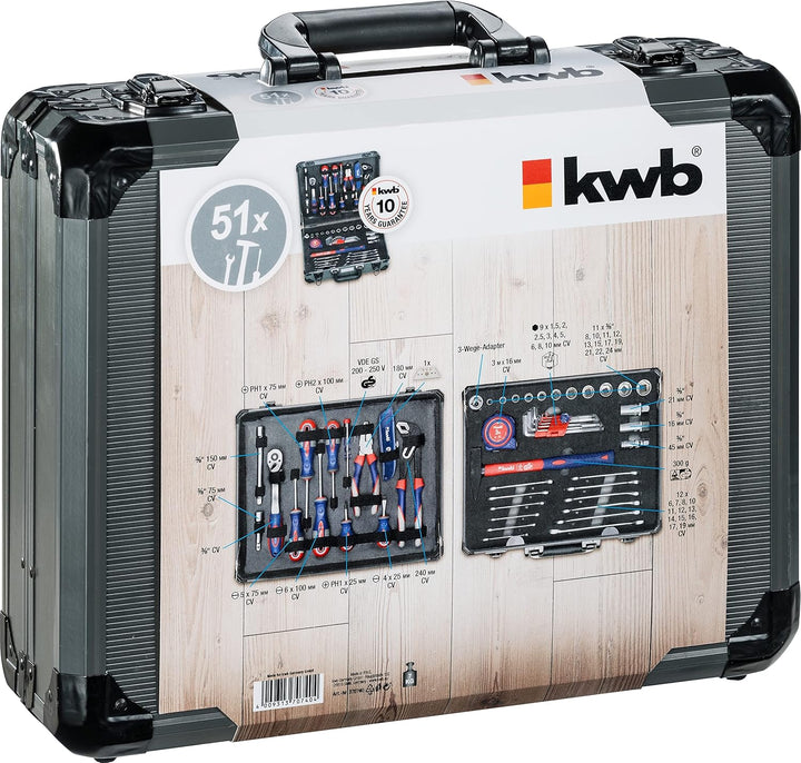 kwb Werkzeugkoffer aus robustem Aluminium inkl. 51-tlg. hochwertigem Werkzeug-Set als perfekte Grund