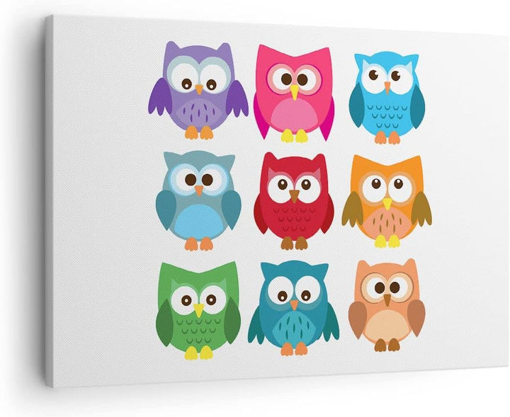 Bilder auf Leinwand Eulen Bunt Kinder Zeichnung Leinwandbild 70x50cm Wandbilder Dekoration Wohnzimme