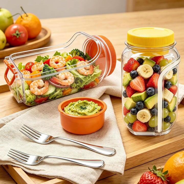 Mssushi 2er Set Salat To Go Box Mit Seitlicher Öffnung, 1L/35oz Prepara Salad Jar mit 2 Gabel, Ausla