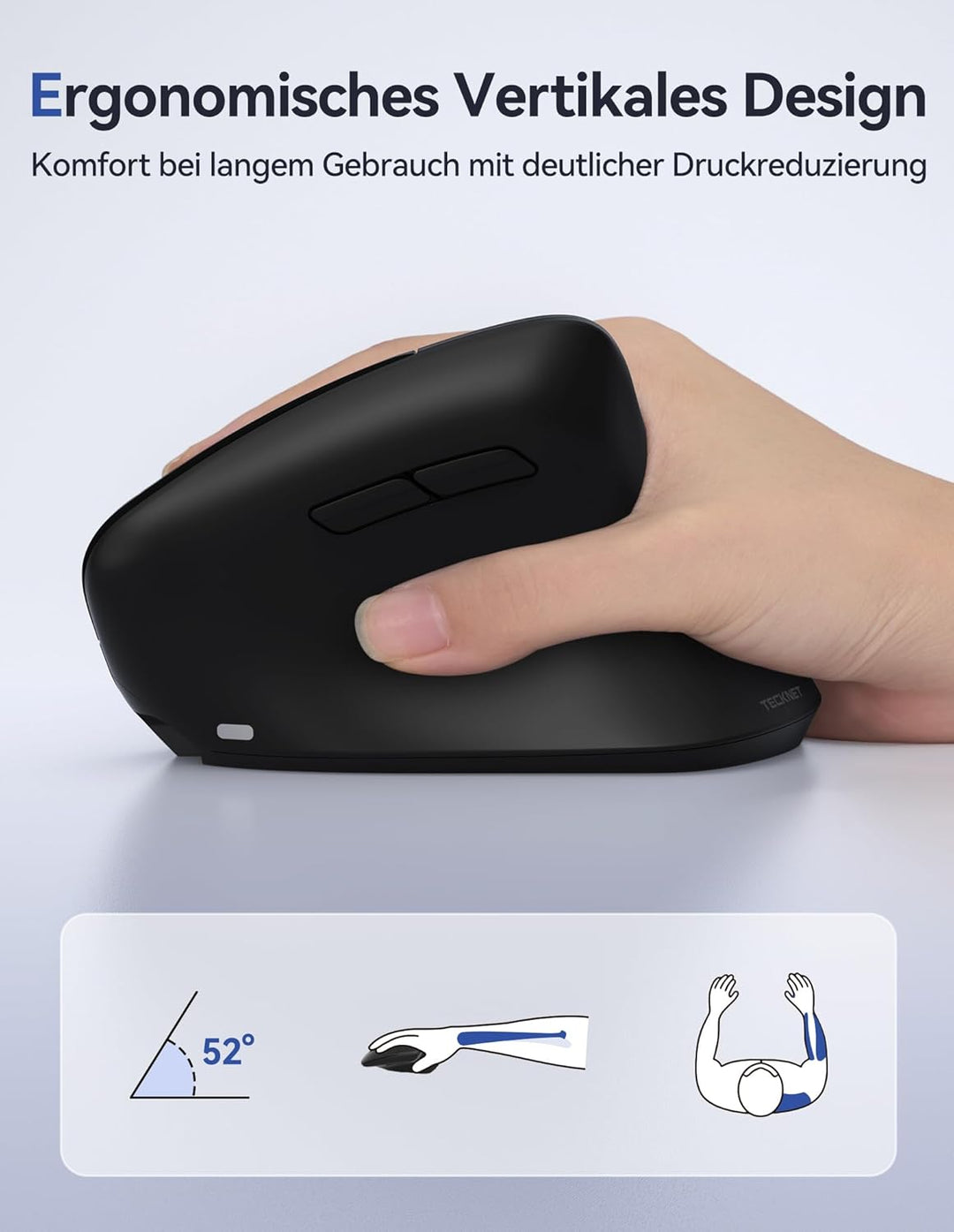 TECKNET Ergonomische Bluetooth Maus, 57g Leicht Wiederaufladbar Kabellose Vertikale Maus (BT 5.0/3.0