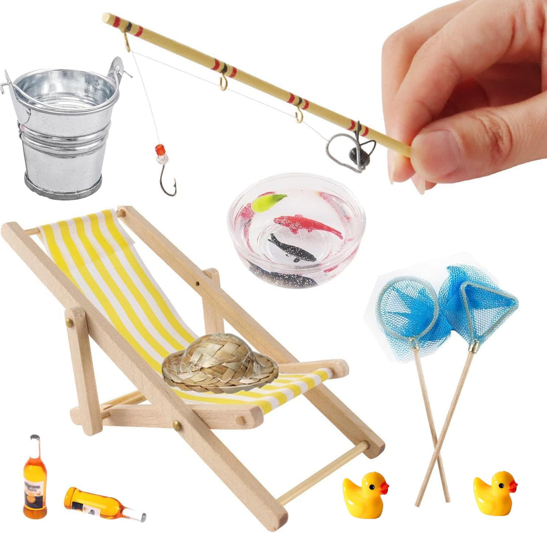 Super Idee Miniatur Angelrute Set 11er Set Angelstuhl Fischernetz Strohhut Fischschale mit Fischer A