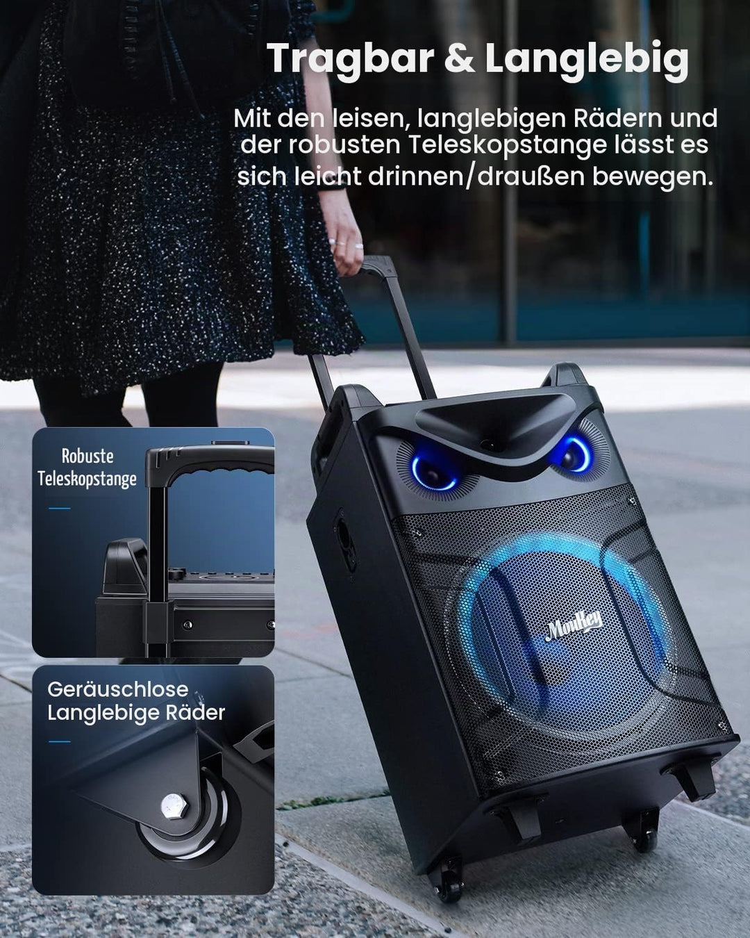 Moukey Karaoke Maschine mit 2 drahtlosen Mikrofonen, Bluetooth Lautsprecher Tragbares Karaoke Anlage