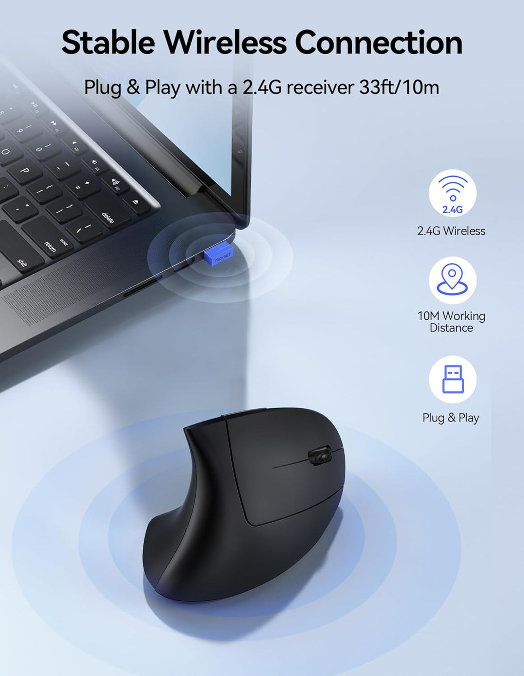 TECKNET Ergonomische Maus Kabellos, 2.4G USB Optische Vertikale Maus Ergonomisch mit Ladekabel, 800/