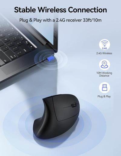 TECKNET Ergonomische Maus Kabellos, 2.4G USB Optische Vertikale Maus Ergonomisch mit Ladekabel, 800/