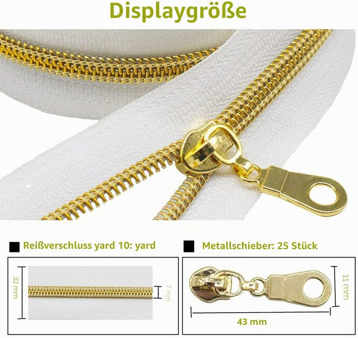 MebuZip 9 m goldfarbenen endlos Reissverschluss Meterware Reissverschluss Nylon 6mm-Spirale + 25 Non