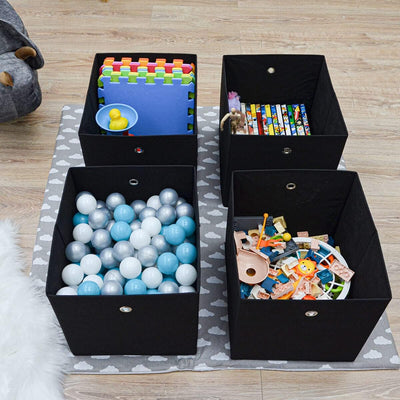 DuneDesign 4er Set Aufbewahrungsbox für Kallax Regal - 33x38x33 Stoff Box mit Öse - Faltbox Schwarz