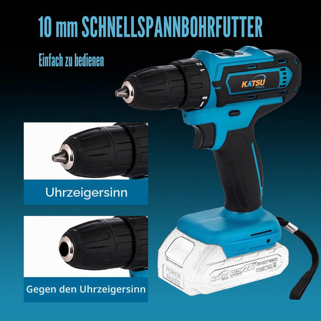 KATSU FIT-BAT 102623 Akku-Bohrschrauber, 21 V, 10 mm Schnellspannbohrfutter, 2 Gänge, LED-Licht, ide