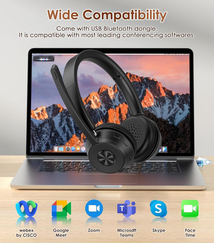 Soothielec Bluetooth Headset, Kabelloses Headset mit Mikrofon mit Geräuschunterdrückung, bestes Head
