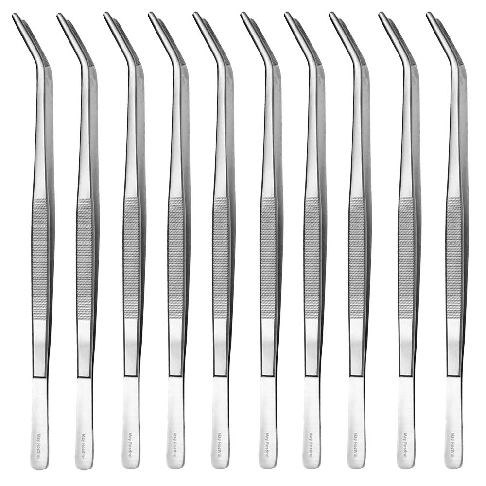 May - Set - 10 x Universal-Pinzette 25cm - Haushaltspinzette - gebogen - runde Spitze - innen gerief