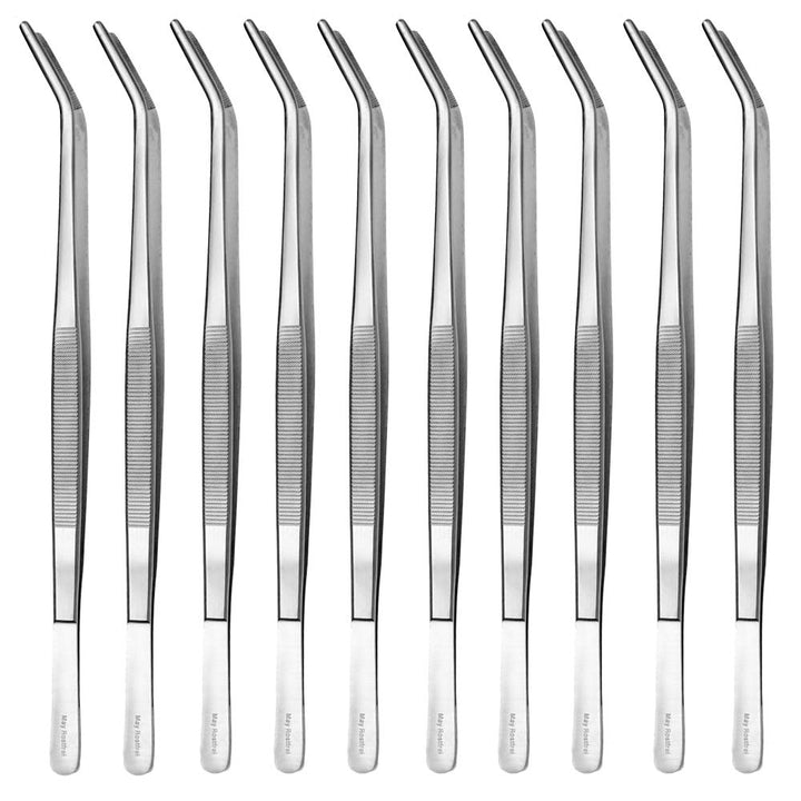 May - Set - 10 x Universal-Pinzette 25cm - Haushaltspinzette - gebogen - runde Spitze - innen gerief