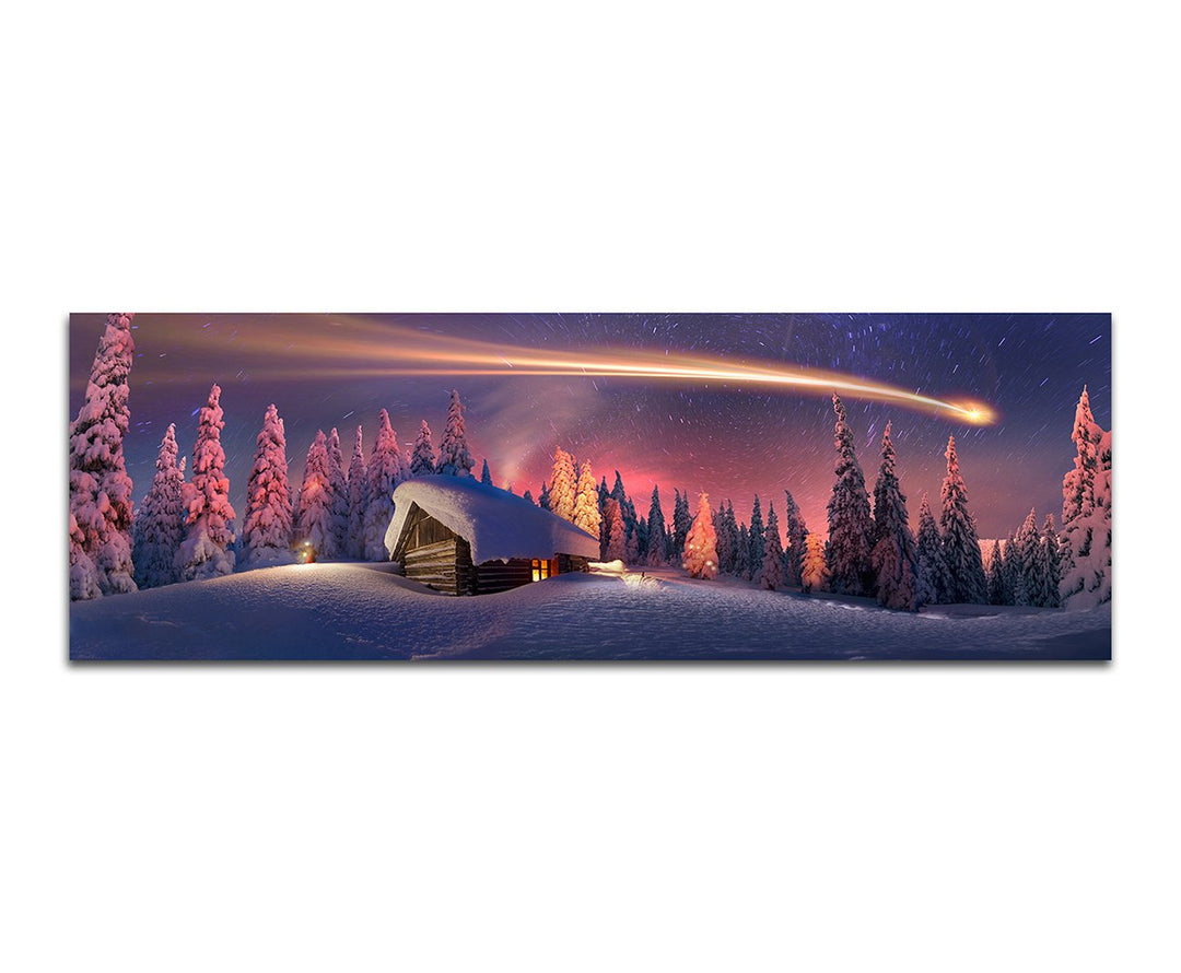 Paul Sinus Art Panoramabild auf Leinwand und Keilrahmen 150x50cm Wald Haus Schnee Sternschnuppe Fant