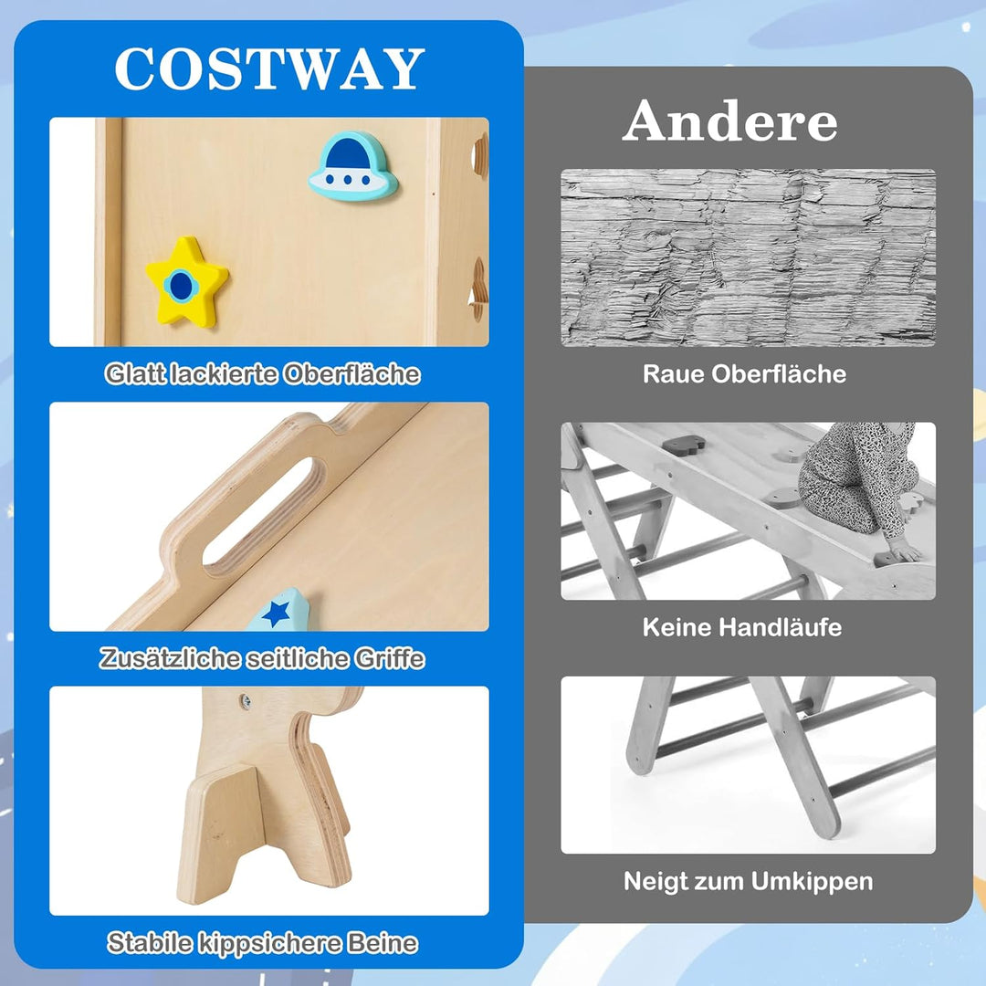 COSTWAY Klettergerüst Indoor 4er Set, klappabres Kletterdreieck mit Rutsche, Kletterbogen, Netz, ink