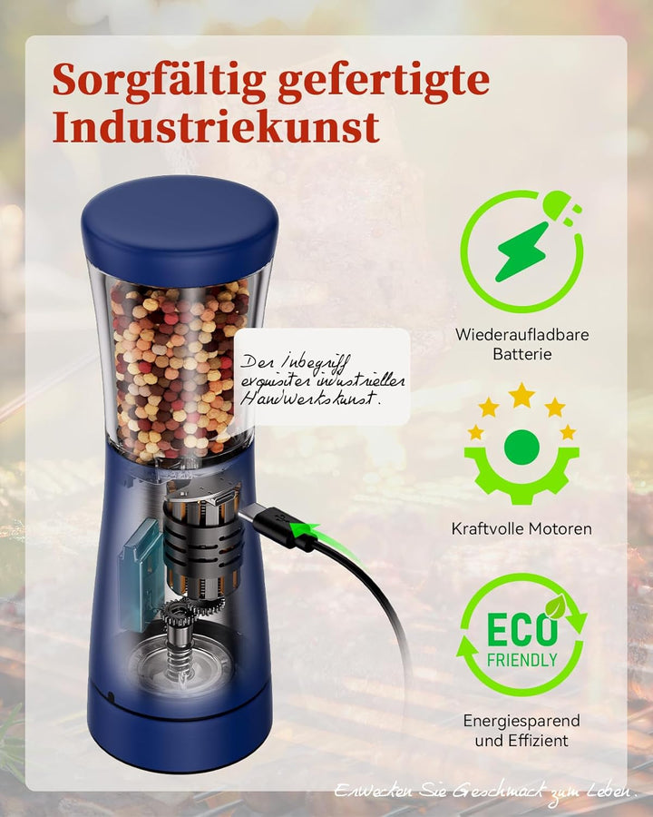 Salz und Pfeffermühlen elektrisch 2er Set aus Edelstahl (Wiederaufladbar, LED Beleuchtung, mit einst