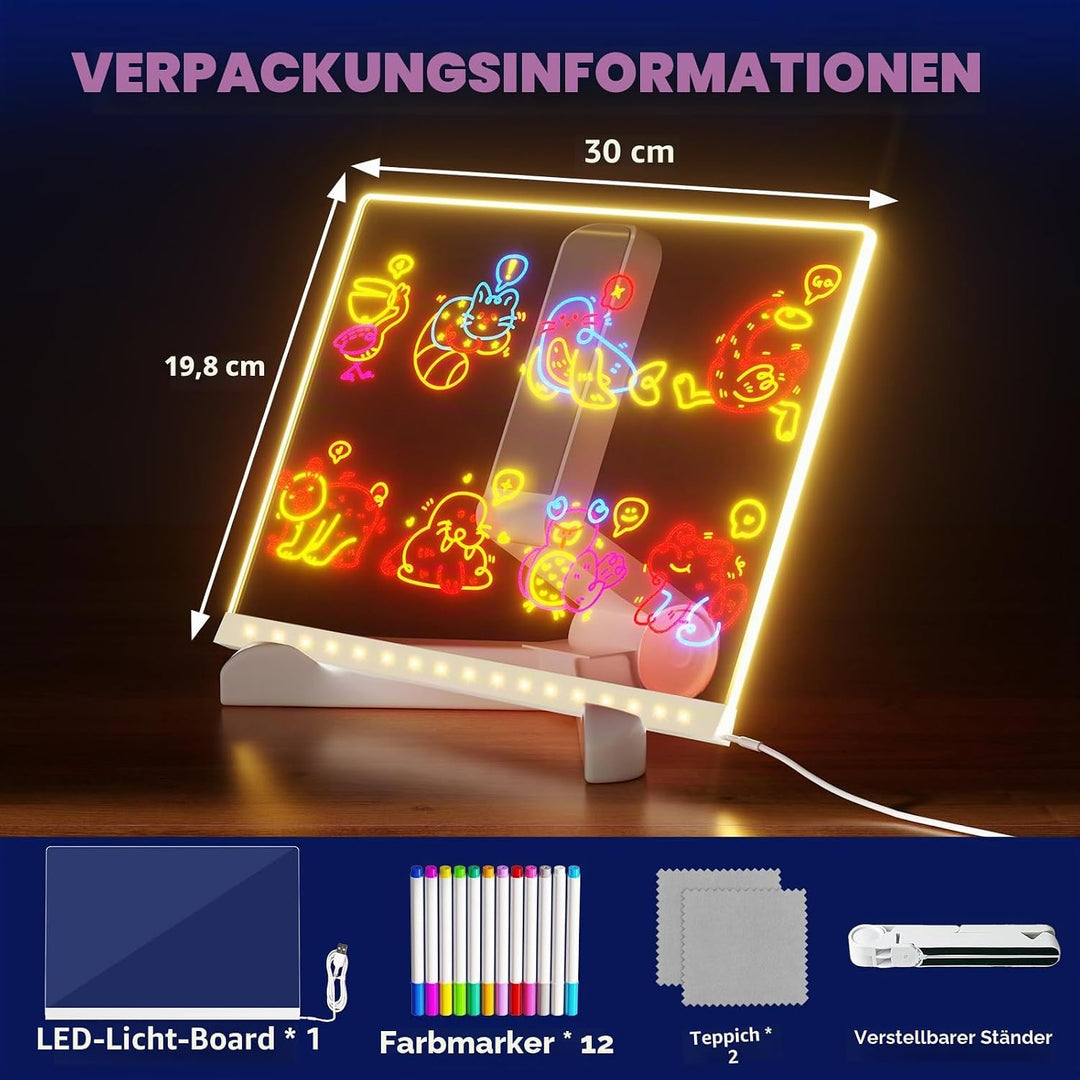 LED-Zeichenbrett mit 7 Farbstiften, 30 x 20 cm, beleuchtetes Memoboard, trocken abwischbares Acryl-K
