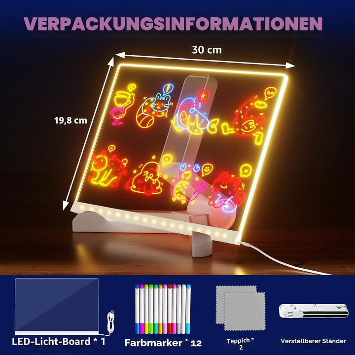 LED-Zeichenbrett mit 7 Farbstiften, 30 x 20 cm, beleuchtetes Memoboard, trocken abwischbares Acryl-K